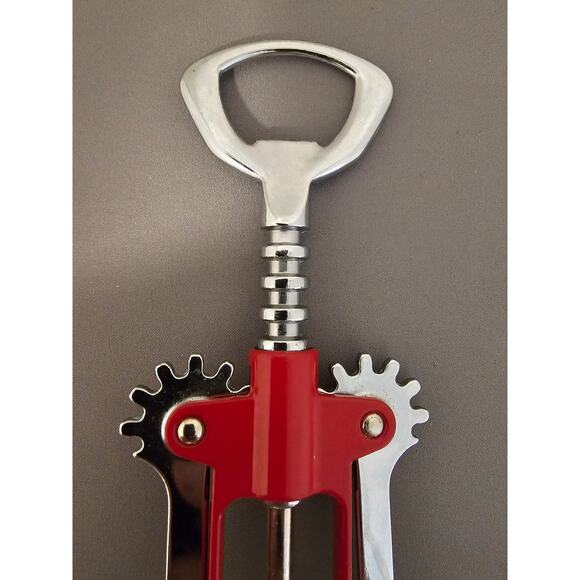 Red/Silver Corkscrew Wine Bottle Opener w/Fins - Push Down - 6-1/2" - Italy - Picture 2 of 9